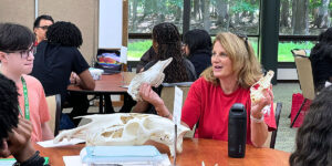 A faculty member showing animal skulls to ambassadors.