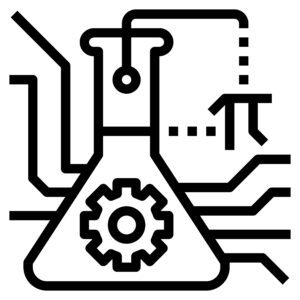 Black and white icon showing a chemistry flask, a math symbol, a gear symbol and a technology symbol