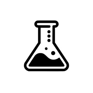 Simple black and white icon of a chemistry flask with liquid inside.