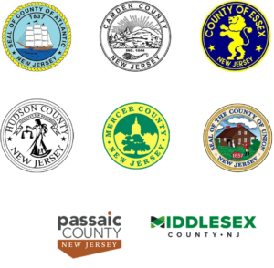 A picture of the county seals of Atlantic, Camden, Essex, Hudson, Mercer, Union, Passaic and Middlesex Counties